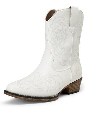 Women's White Cowgirl Western Boots Embroidered Stitched Ankle Boots